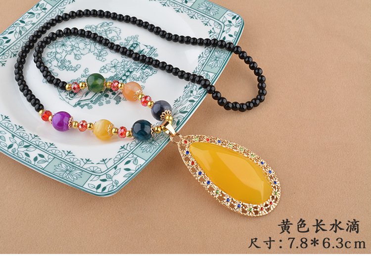 Ethnic Style Goldfish Sweater Chain Long Necklace Water Drop Imitation Beeswax Pendant Cotton Linen Trimmings for Clothing Pendant Wholesale