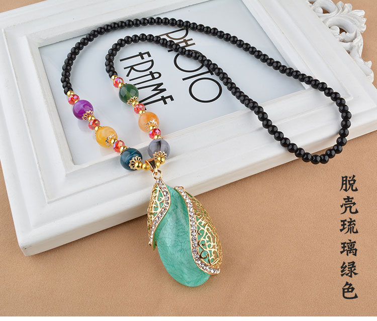 Ethnic Style Goldfish Sweater Chain Long Necklace Water Drop Imitation Beeswax Pendant Cotton Linen Trimmings for Clothing Pendant Wholesale