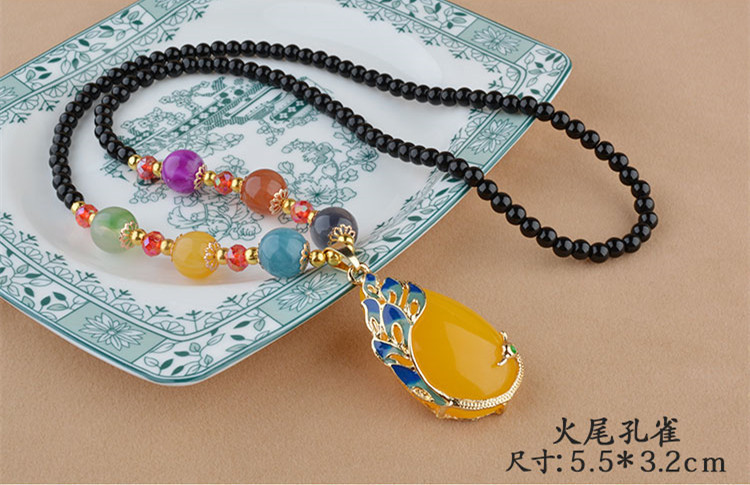 Ethnic Style Goldfish Sweater Chain Long Necklace Water Drop Imitation Beeswax Pendant Cotton Linen Trimmings for Clothing Pendant Wholesale