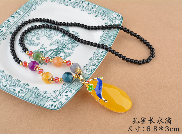Ethnic Style Goldfish Sweater Chain Long Necklace Water Drop Imitation Beeswax Pendant Cotton Linen Trimmings for Clothing Pendant Wholesale