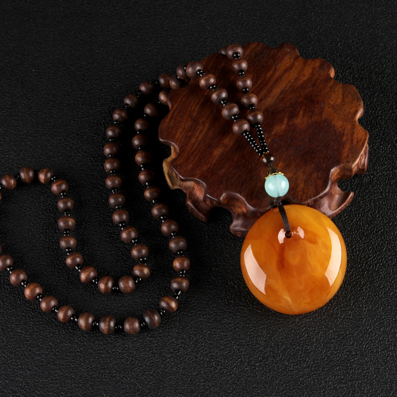 2020 New Style Wooden Bead Chain Two-Color Orange Beeswax Pendant Pendant Sweater Chain Retro Ethnic Style Long Necklace for Women