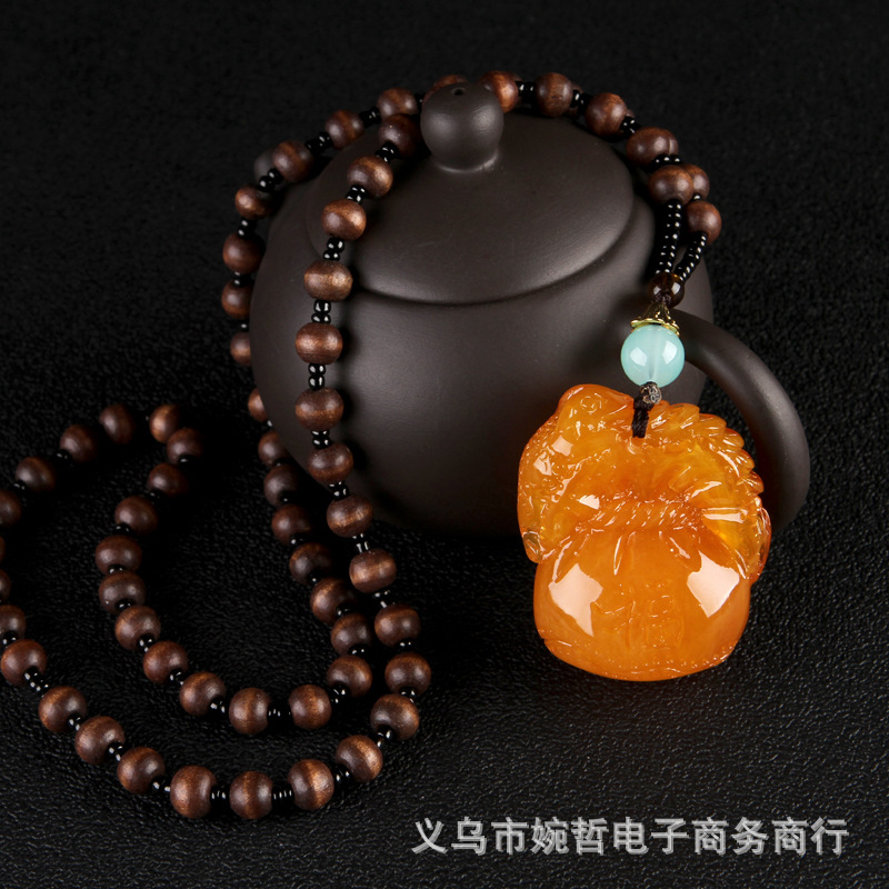 2020 New Style Wooden Bead Chain Two-Color Orange Beeswax Pendant Pendant Sweater Chain Retro Ethnic Style Long Necklace for Women
