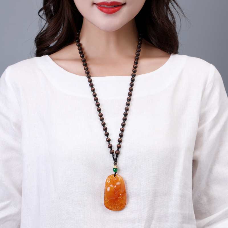 Yiwu Old Beeswax Pendant Sweater Chain Yellow Chicken Grease Beeswax Long Necklace Second Generation Door Frame Ethnic Style Pendant