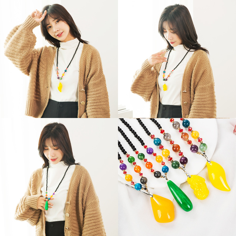 Sweater Chain Women&#039;s Autumn and Winter All-Match Long Necklace Women&#039;s Fashion Cross-Border New Accessories Popular Pendant Imitation Beeswax Pendant