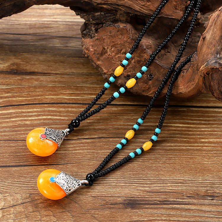 Imitation Beeswax Sweater Chain Resin Chinese Style Pendant Old Beeswax Alloy Beads Necklace Promotional Novelties Wholesale