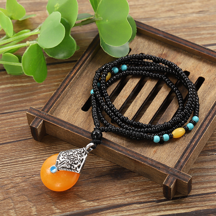 Imitation Beeswax Sweater Chain Resin Chinese Style Pendant Old Beeswax Alloy Beads Necklace Promotional Novelties Wholesale
