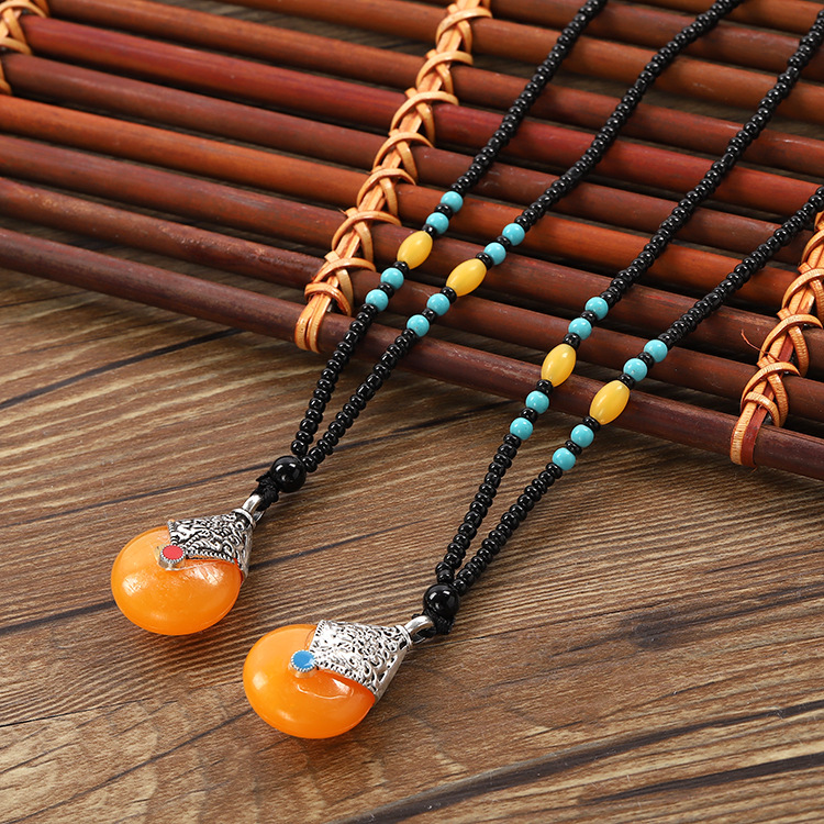Imitation Beeswax Sweater Chain Resin Chinese Style Pendant Old Beeswax Alloy Beads Necklace Promotional Novelties Wholesale