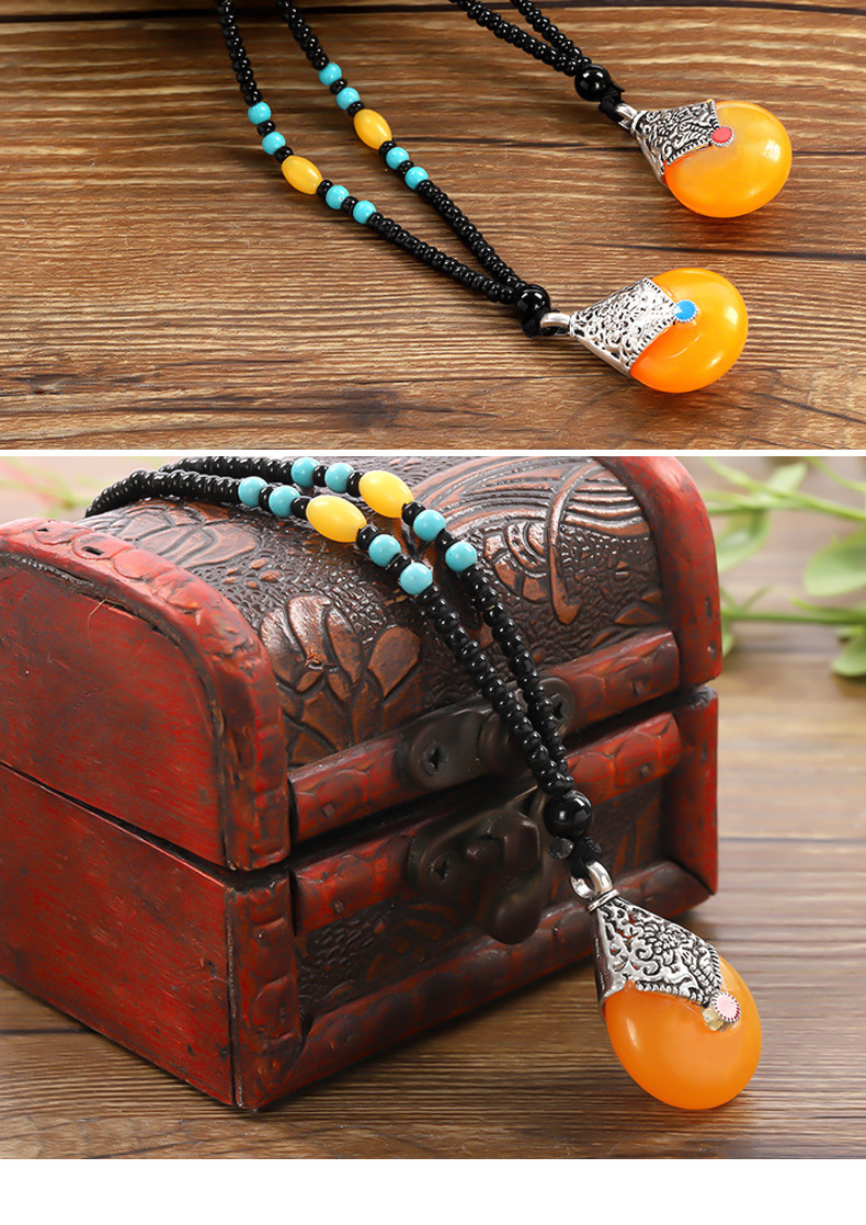 Imitation Beeswax Sweater Chain Resin Chinese Style Pendant Old Beeswax Alloy Beads Necklace Promotional Novelties Wholesale