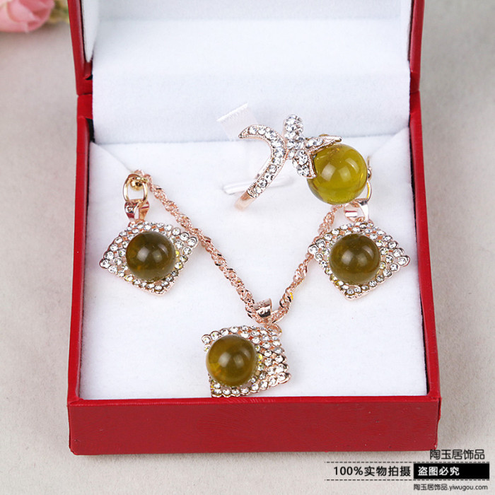 Gold Blue Amber beeswax gilt jewelry necklace bracelet ring earrings set