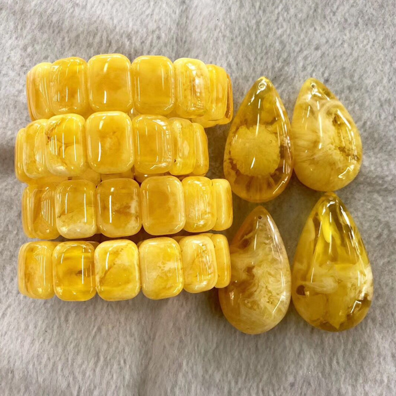 Beeswax hand string national wind amber br women&#039;s single circle chicken oil yellow flat bead bracelet pendant