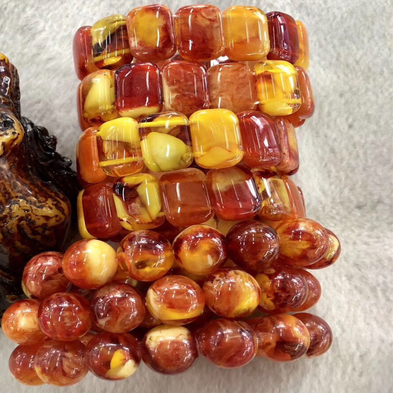 Beeswax hand string national wind amber br women's single circle chicken oil yellow flat bead bracelet pendant