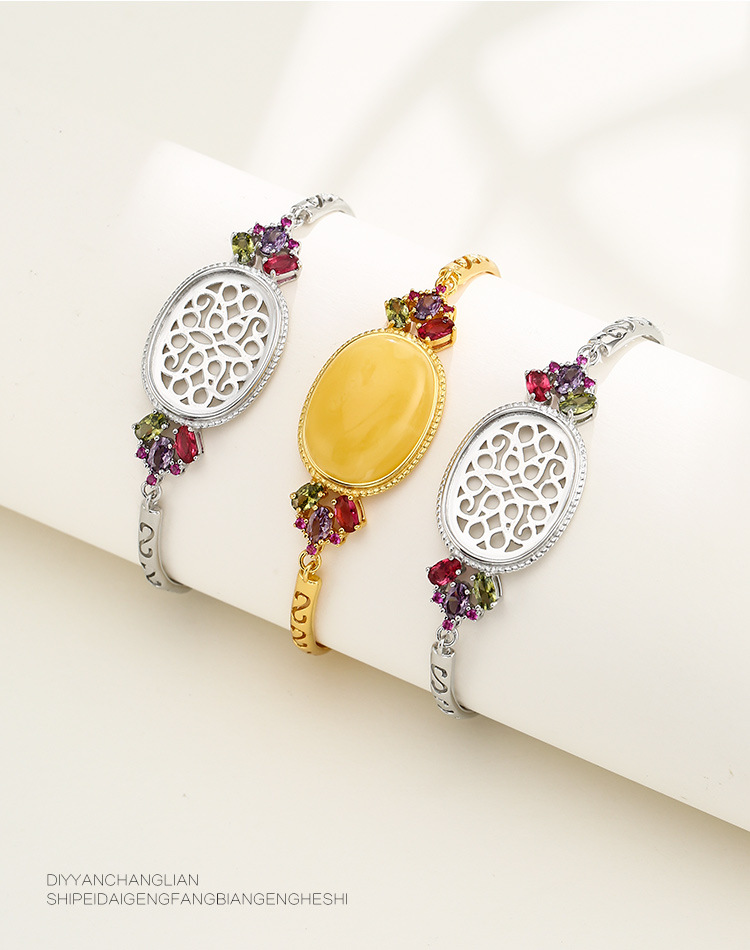 925 Sterling Silver Bracelet Setting Inlaid Turquoise Beeswax Amber Women's Bracelet Sterling Silver Empty Setting Creative Fashion Beautiful