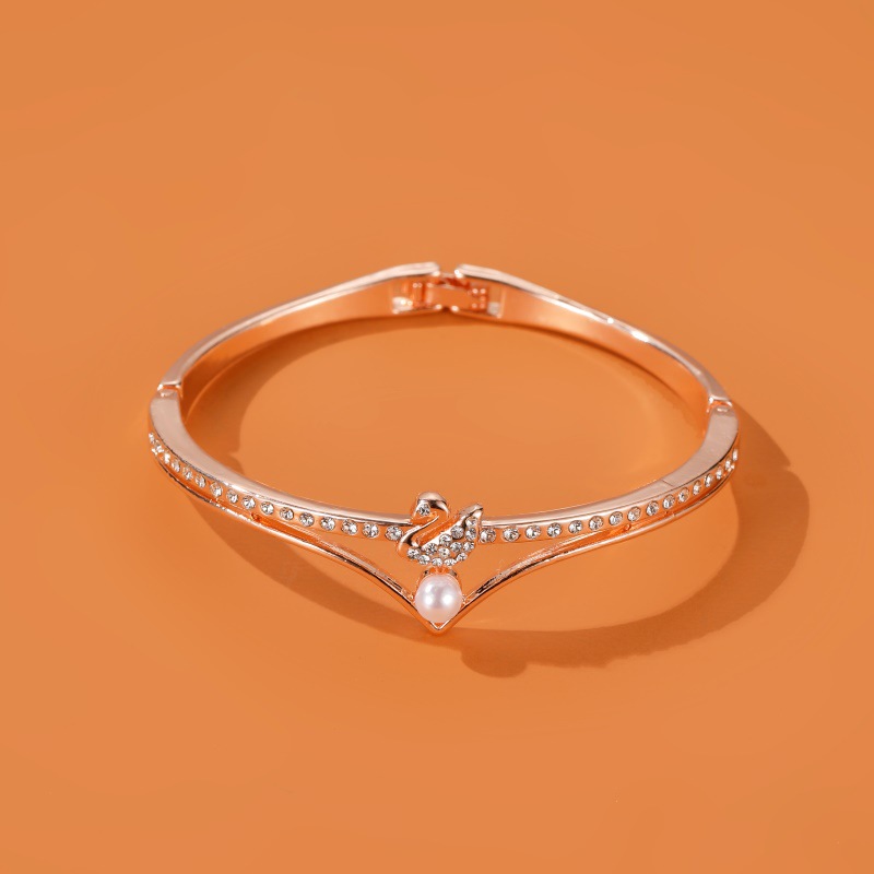 Korean Style Trendy Jewelry Elegant Little Swan Bracelet Rose Gold Open Pearl Bracelet Wrist Ring Classic Popular Bracelet