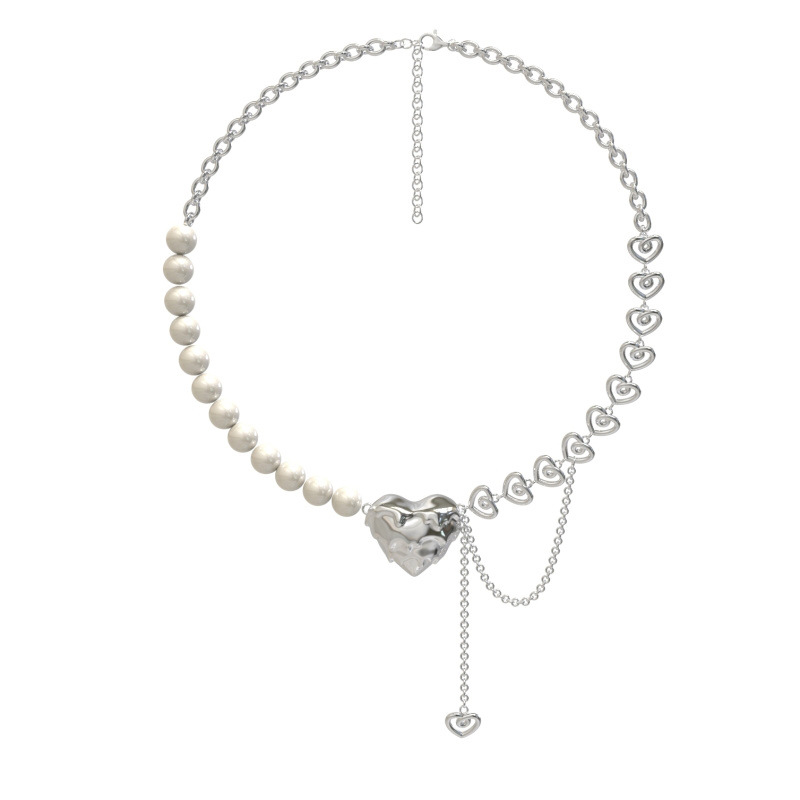 Pearl Heart Hollow Chain Necklace French Style Temperament Baroque Clavicle Chain Design Sense Fashion Necklace Neck Jewelry