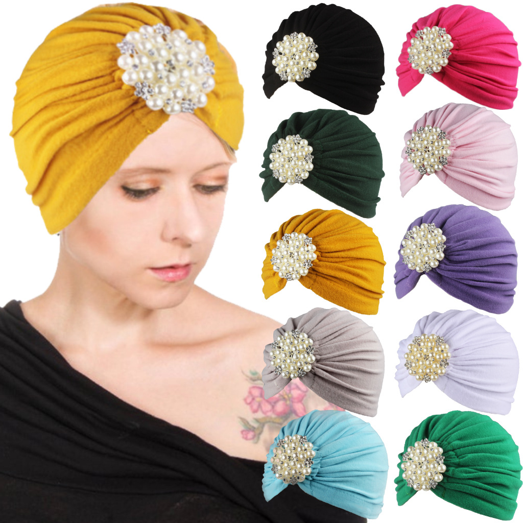 Foreign Trade Hot Selling Women&#039;s Hat Autumn and Winter Pullover Hat Big Pearl Jewelry Headscarf Comfortable Adult Cap