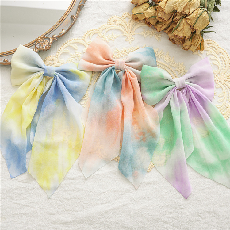2021 Summer New Fabric Craft Spring Clip Women&#039;s Tie-Dye Bow Barrettes Long Bandeau Top Clip Hair Accessories