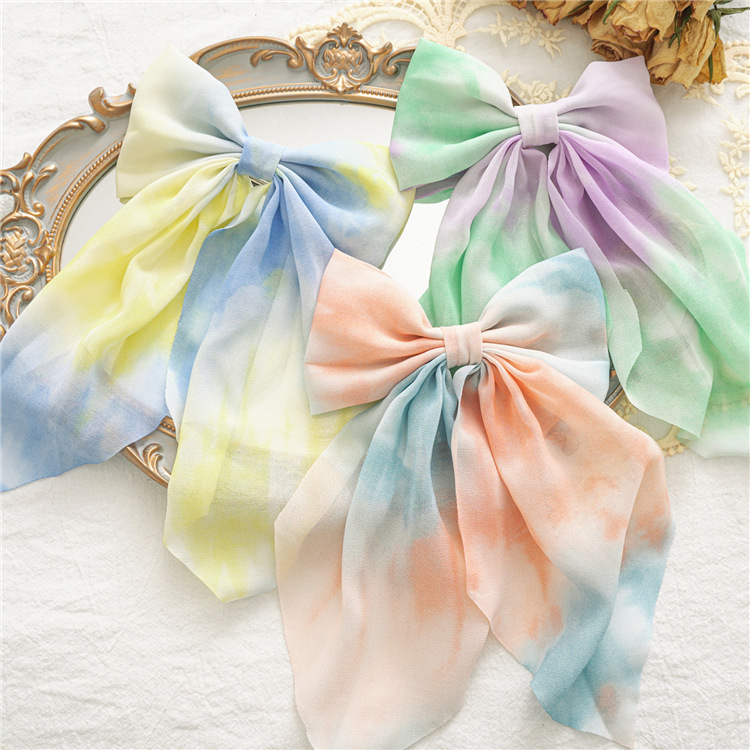 2021 Summer New Fabric Craft Spring Clip Women's Tie-Dye Bow Barrettes Long Bandeau Top Clip Hair Accessories
