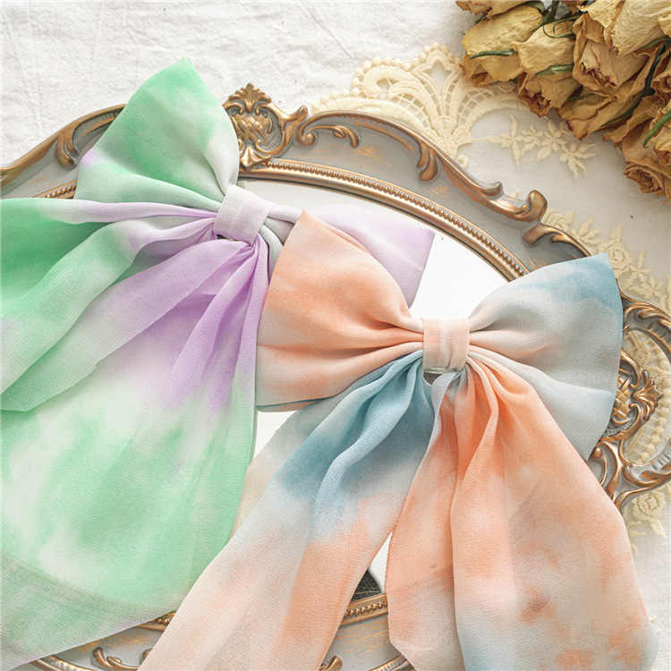 2021 Summer New Fabric Craft Spring Clip Women's Tie-Dye Bow Barrettes Long Bandeau Top Clip Hair Accessories