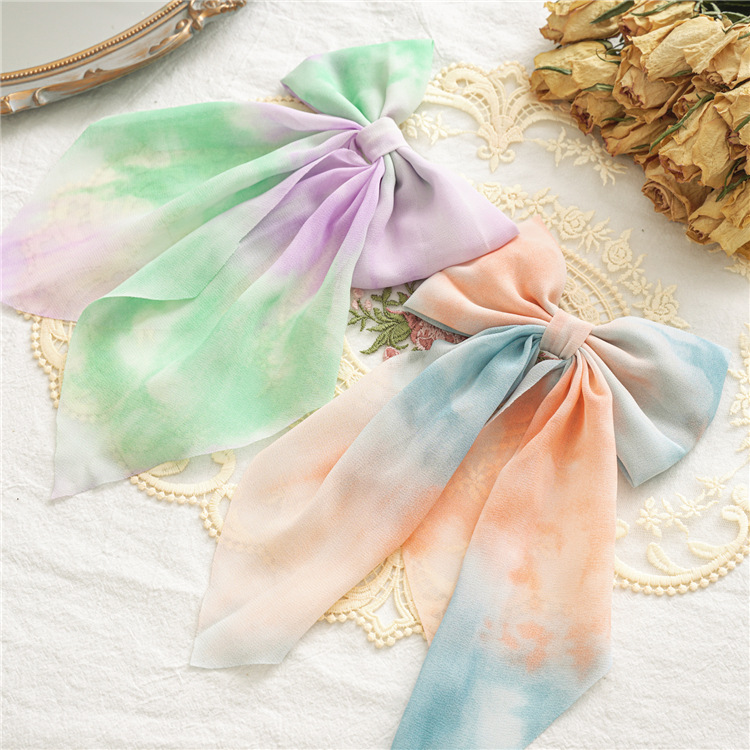 2021 Summer New Fabric Craft Spring Clip Women's Tie-Dye Bow Barrettes Long Bandeau Top Clip Hair Accessories