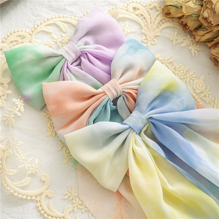 2021 Summer New Fabric Craft Spring Clip Women's Tie-Dye Bow Barrettes Long Bandeau Top Clip Hair Accessories