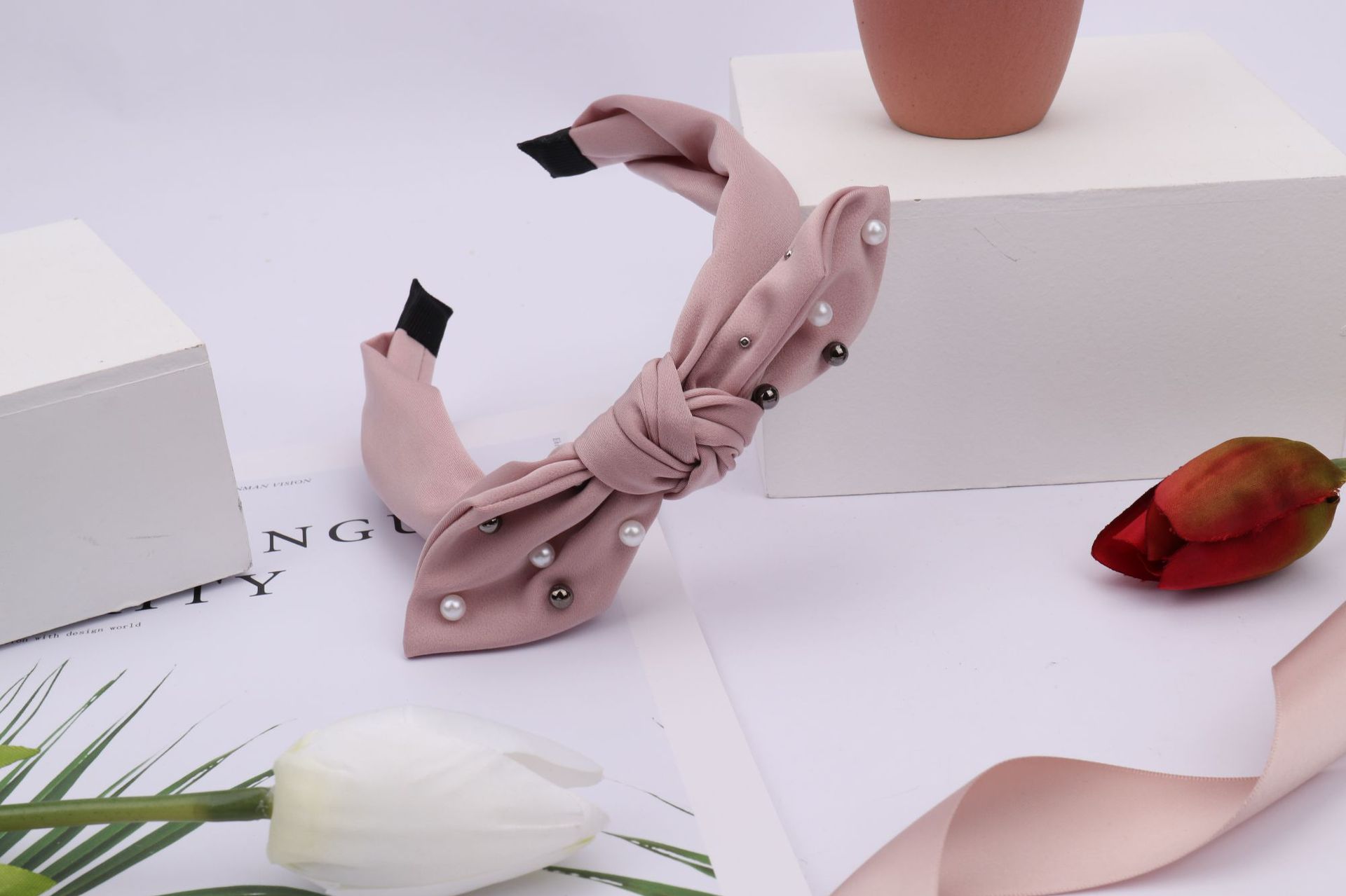 New Fabric Craft Broadside Knotted Hair Hoop Rabbit Ear Bow Hair Accessories Elegant Internet Influencer Pearl Hair Band Headband