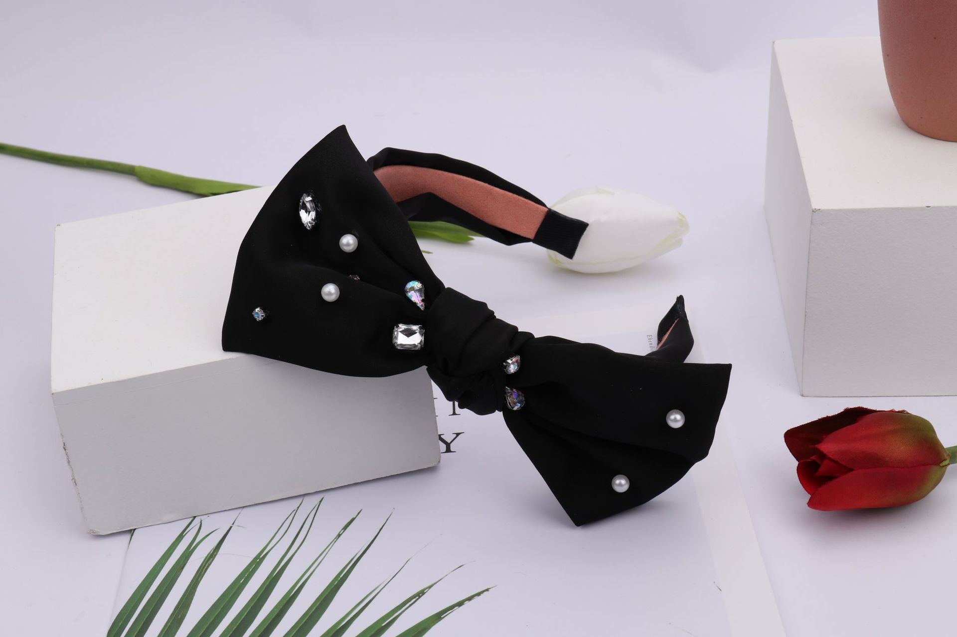 New Fabric Craft Broadside Knotted Hair Hoop Rabbit Ear Bow Hair Accessories Elegant Internet Influencer Pearl Hair Band Headband