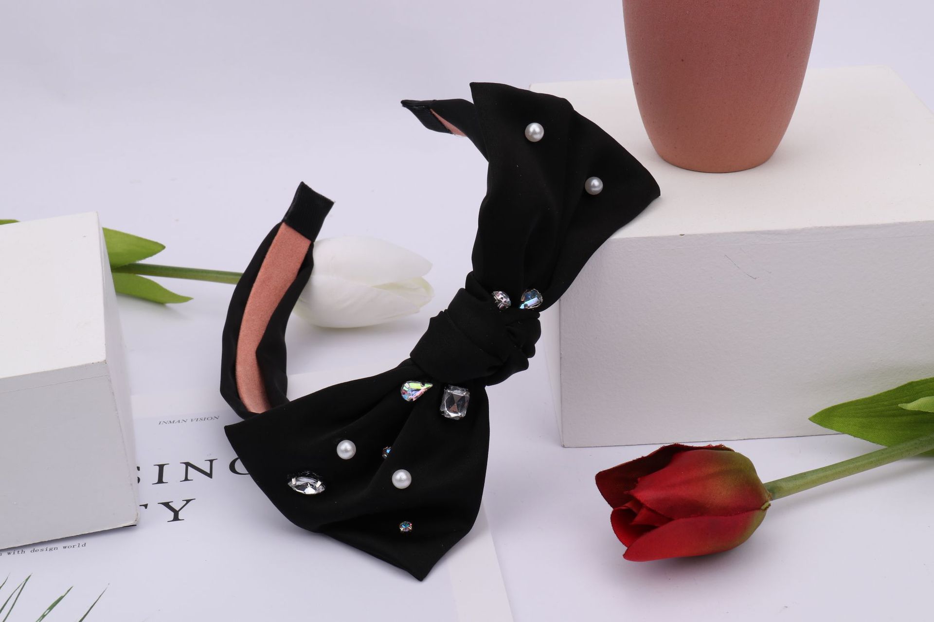 New Fabric Craft Broadside Knotted Hair Hoop Rabbit Ear Bow Hair Accessories Elegant Internet Influencer Pearl Hair Band Headband