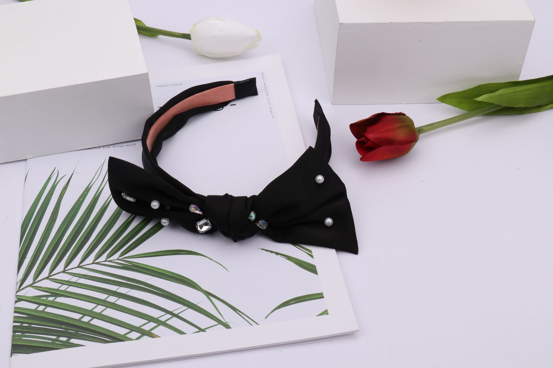 New Fabric Craft Broadside Knotted Hair Hoop Rabbit Ear Bow Hair Accessories Elegant Internet Influencer Pearl Hair Band Headband