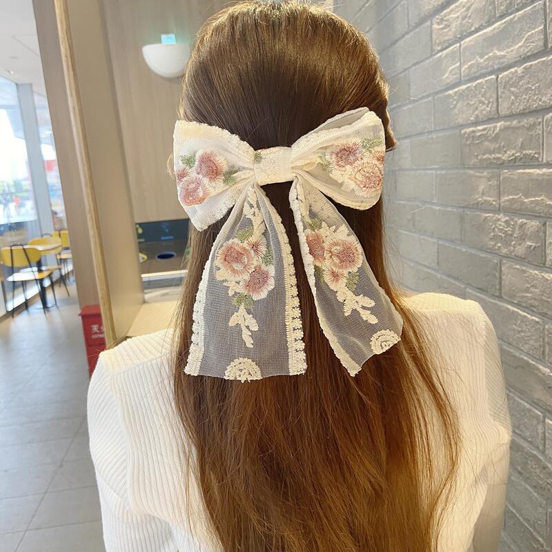 Super Fairy Lace Bow Barrettes Female Korean Dongdaemun Hair Accessory French Rose Embroidery Headdress Small Jewelry Hairpin