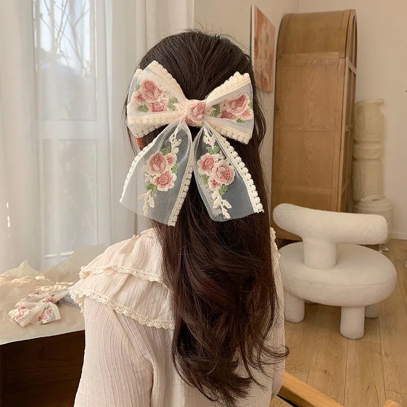 Super Fairy Lace Bow Barrettes Female Korean Dongdaemun Hair Accessory French Rose Embroidery Headdress Small Jewelry Hairpin Super Fairy Lace Bow Barrettes Female Korean Dongdaemun Hair Accessory French Rose Embroidery Headdress Small Jewelry Hairpin