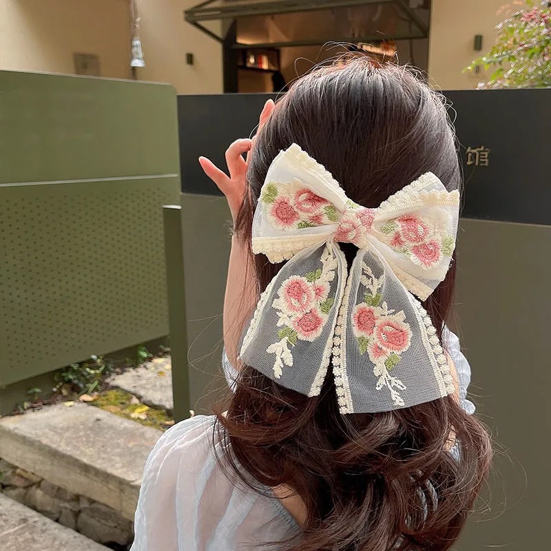 Super Fairy Lace Bow Barrettes Female Korean Dongdaemun Hair Accessory French Rose Embroidery Headdress Small Jewelry Hairpin Super Fairy Lace Bow Barrettes Female Korean Dongdaemun Hair Accessory French Rose Embroidery Headdress Small Jewelry Hairpin