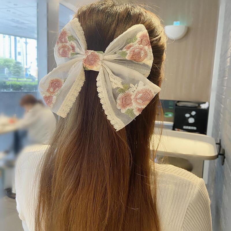 Super Fairy Lace Bow Barrettes Female Korean Dongdaemun Hair Accessory French Rose Embroidery Headdress Small Jewelry Hairpin