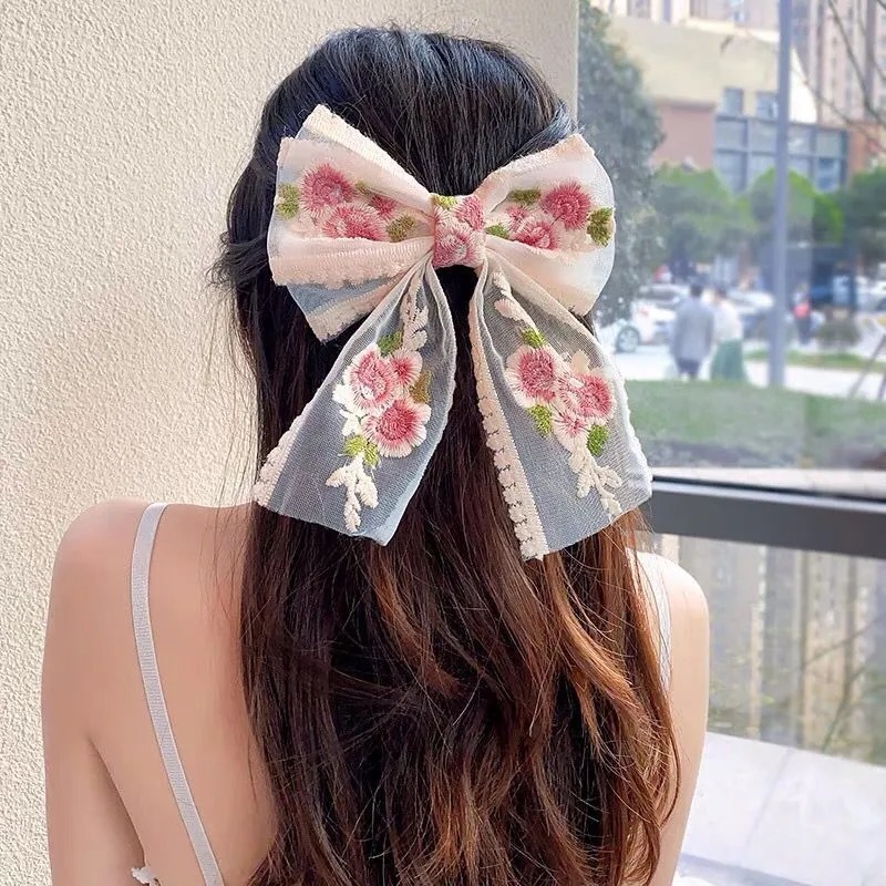Super Fairy Lace Bow Barrettes Female Korean Dongdaemun Hair Accessory French Rose Embroidery Headdress Small Jewelry Hairpin Super Fairy Lace Bow Barrettes Female Korean Dongdaemun Hair Accessory French Rose Embroidery Headdress Small Jewelry Hairpin