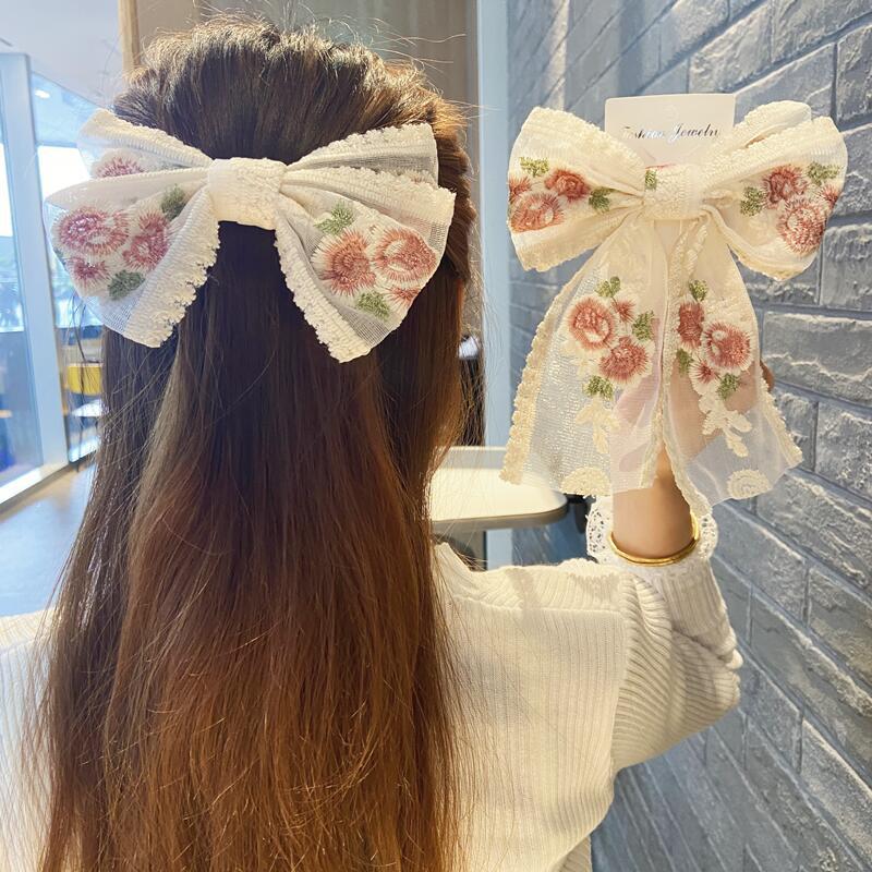 Super Fairy Lace Bow Barrettes Female Korean Dongdaemun Hair Accessory French Rose Embroidery Headdress Small Jewelry Hairpin