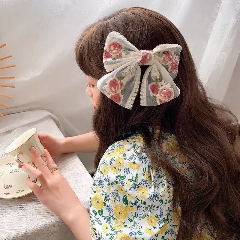 Super Fairy Lace Bow Barrettes Female Korean Dongdaemun Hair Accessory French Rose Embroidery Headdress Small Jewelry Hairpin Super Fairy Lace Bow Barrettes Female Korean Dongdaemun Hair Accessory French Rose Embroidery Headdress Small Jewelry Hairpin