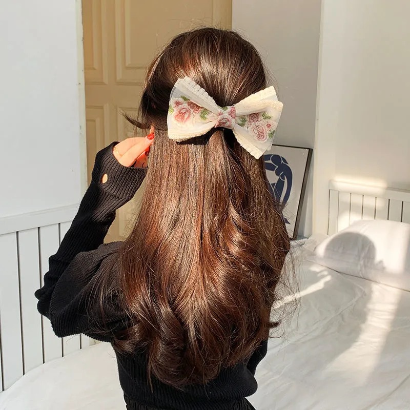 Super Fairy Lace Bow Barrettes Female Korean Dongdaemun Hair Accessory French Rose Embroidery Headdress Small Jewelry Hairpin Super Fairy Lace Bow Barrettes Female Korean Dongdaemun Hair Accessory French Rose Embroidery Headdress Small Jewelry Hairpin