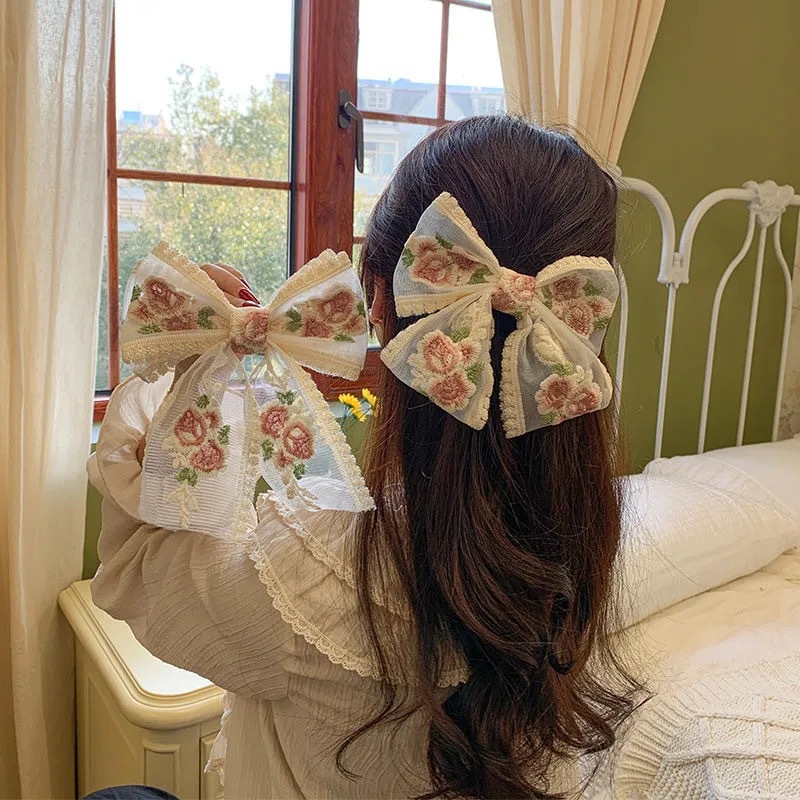 Super Fairy Lace Bow Barrettes Female Korean Dongdaemun Hair Accessory French Rose Embroidery Headdress Small Jewelry Hairpin Super Fairy Lace Bow Barrettes Female Korean Dongdaemun Hair Accessory French Rose Embroidery Headdress Small Jewelry Hairpin