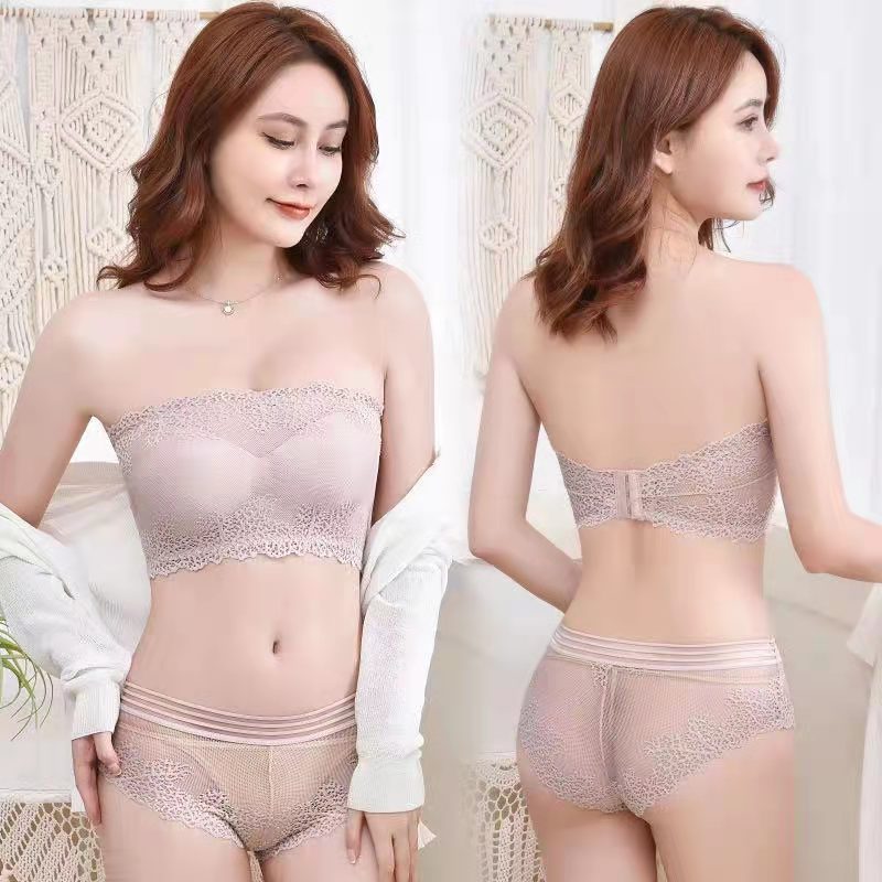 Sexy Lace Strapless Tube Top Non-Slip Girl's Underwear Small Chest Push up Wireless Beauty Back Strapless Bra Set