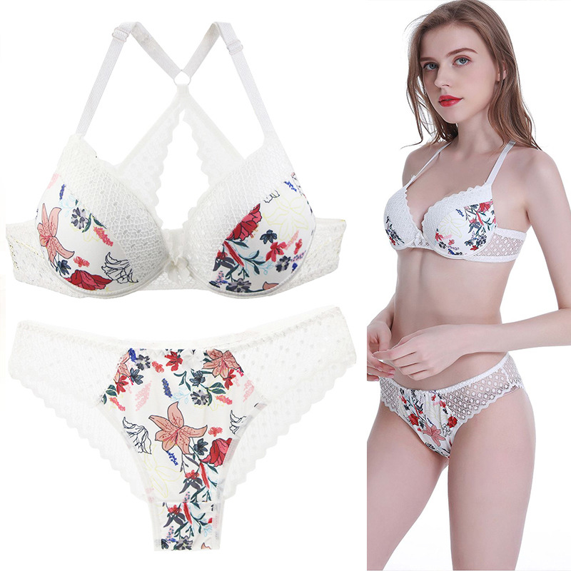 2021 New Large Size Back Shaping Bra Set Printed Sexy Women Lace French Underwear Suit Cross-Border Hot