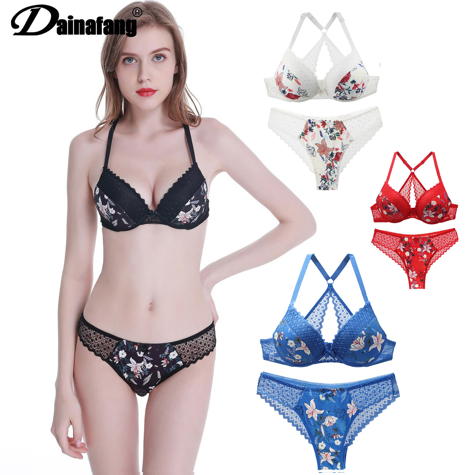 2021 New Large Size Back Shaping Bra Set Printed Sexy Women Lace French Underwear Suit Cross-Border Hot