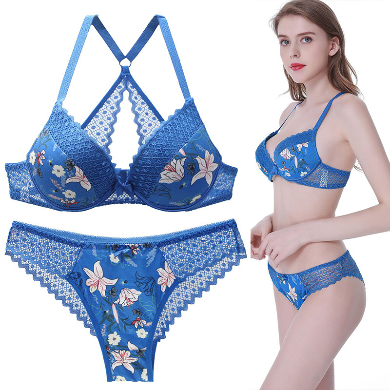 2021 New Large Size Back Shaping Bra Set Printed Sexy Women Lace French Underwear Suit Cross-Border Hot