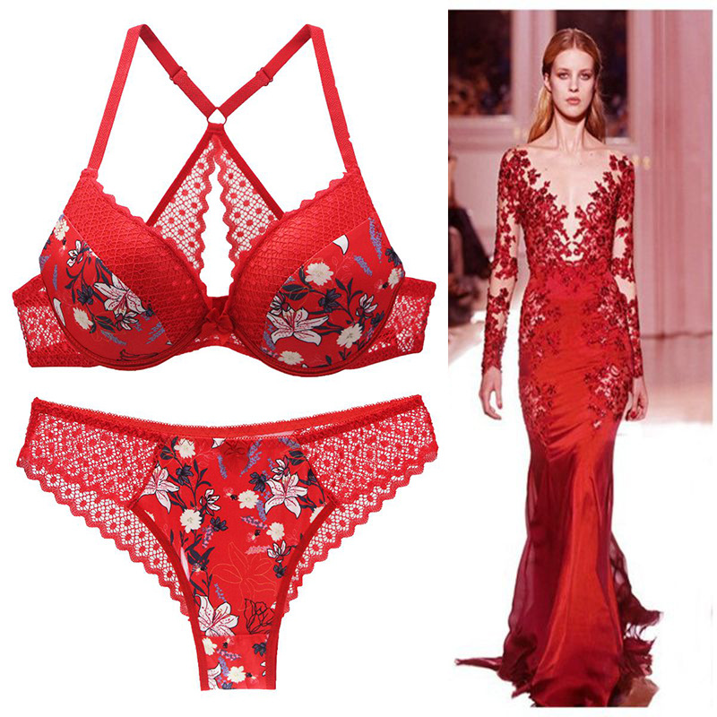 2021 New Large Size Back Shaping Bra Set Printed Sexy Women Lace French Underwear Suit Cross-Border Hot