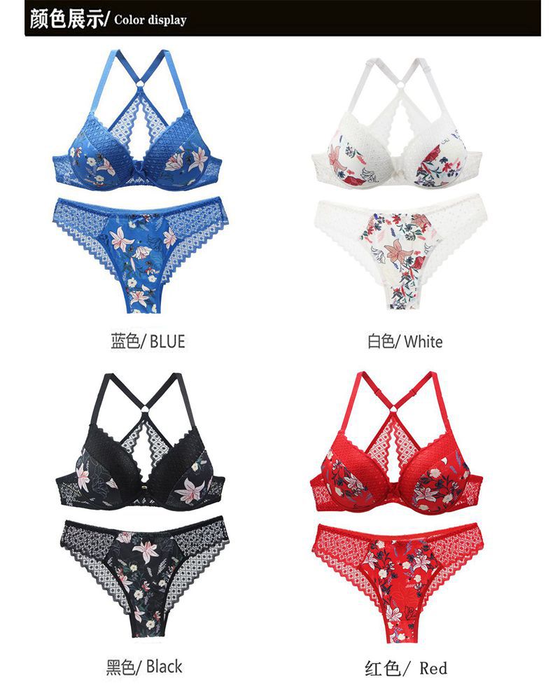 2021 New Large Size Back Shaping Bra Set Printed Sexy Women Lace French Underwear Suit Cross-Border Hot