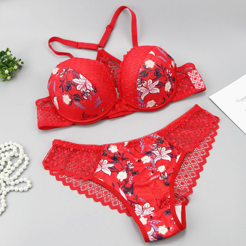2021 New Large Size Back Shaping Bra Set Printed Sexy Women Lace French Underwear Suit Cross-Border Hot