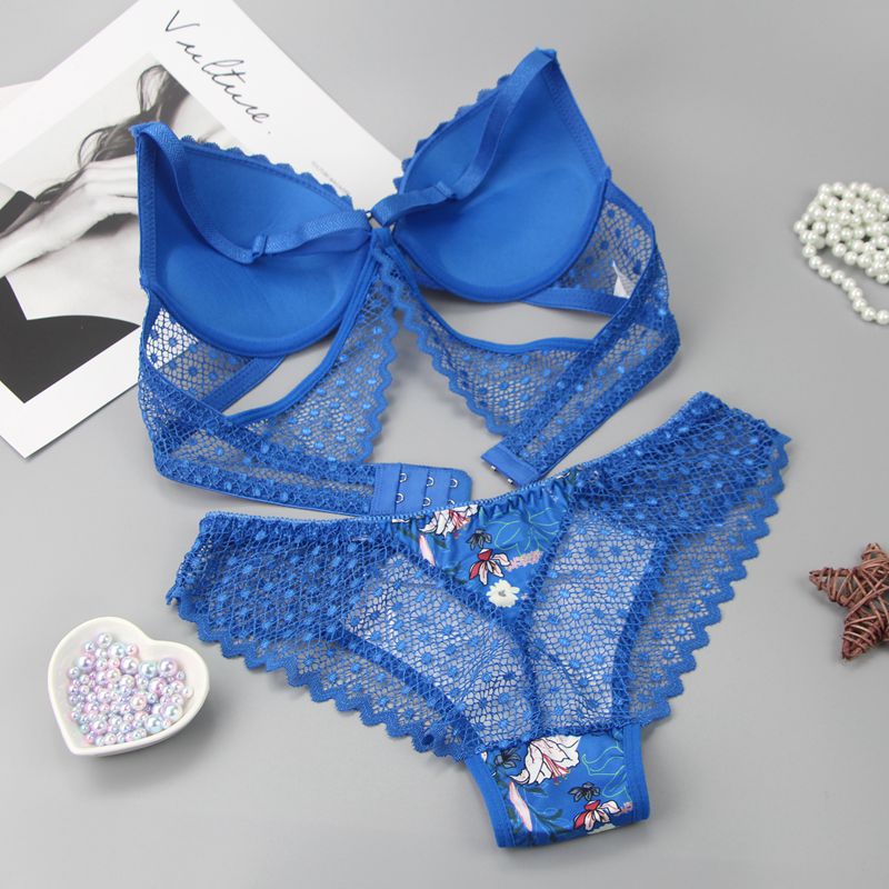 2021 New Large Size Back Shaping Bra Set Printed Sexy Women Lace French Underwear Suit Cross-Border Hot