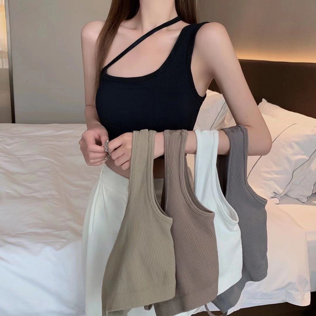 New Back Shaping Oblique Shoulder Irregular Spaghetti-Strap Vest One-Piece Fixed Chest Pad Seamless Bra Girl's Underwear