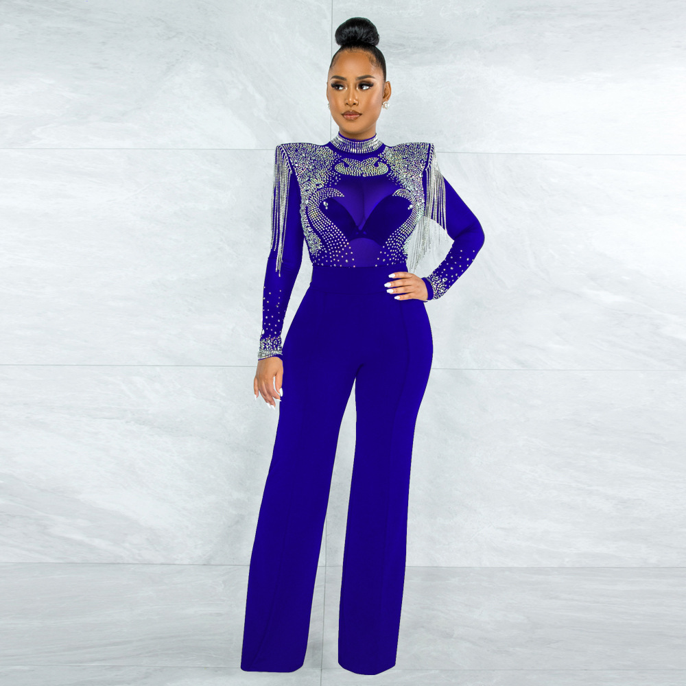 Cy9232b European and American Amazon Fashion Sexy Casual Slim Fit Turtleneck See-through Hot Drilling Tassel Jumpsuit