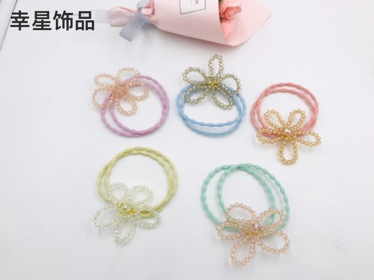 Pearl Crystal Colorful Ropes Hair Ring Hair Rope Headband Hair Accessories Rubber Band Head Tie Student Children Three-Dimensional Headdress Flower Headwear