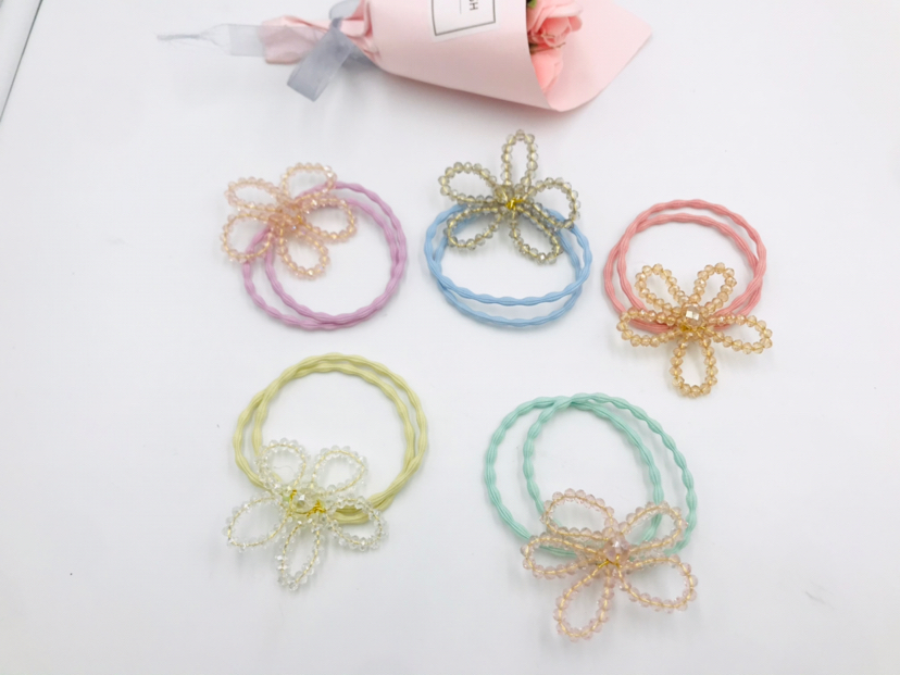 Pearl Crystal Colorful Ropes Hair Ring Hair Rope Headband Hair Accessories Rubber Band Head Tie Student Children Three-Dimensional Headdress Flower Headwear