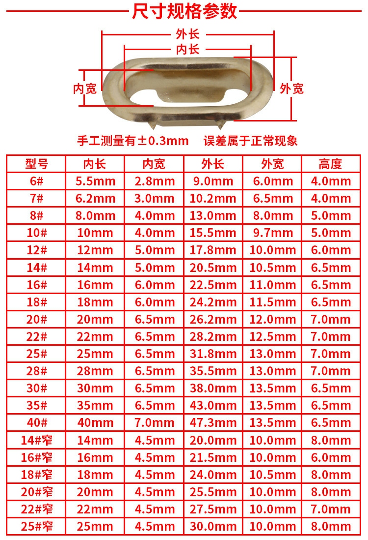 Metal Copper Iron Slot Buckle Eyelet Button Oval Egg-Shaped Phoenix Eye Buckle Dan Egg U-Shaped Size Complete Variety of Styles